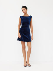Velvet Boat Neck Ruched Backless Metal Detail Mini Dress