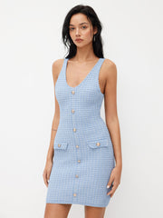 Knit V-neck Metal Button Detail Mini Dress