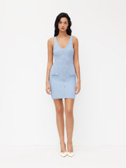 Knit V-neck Metal Button Detail Mini Dress