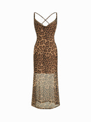 Mesh Leopard Cowl Neck Criss Cross Maxi Slip Dress