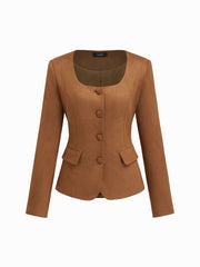 Suede Square Neck Long Sleeve Blazer