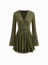 V-neck Ruched Layered Ruffle Hem Mini Dress