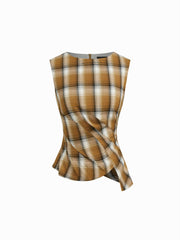 Plaid Boat Neck Asymmetrical Hem Blouse
