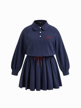 Cotton-blend Collar Slow Racing Embroidery Knotted Pleated Mini Dress Curve & Plus
