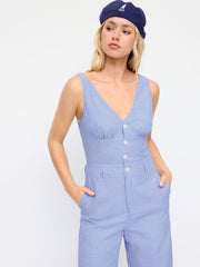 Cotton-blend Stripe V-neck Wide Leg Jumpsuit