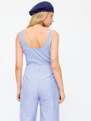 Cotton-blend Stripe V-neck Wide Leg Jumpsuit