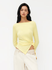 Boat Neck Beaded Ruched Hanky Hem Long Sleeve Top