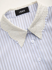 Cotton-blend Striped Collar Contrasting Lace Split Side Oversized Shirt