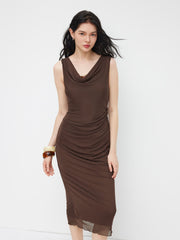 Mesh Cowl Neck Beaded Ruched Maxi Dress