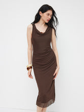 Mesh Cowl Neck Beaded Ruched Maxi Dress