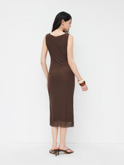 Mesh Cowl Neck Beaded Ruched Maxi Dress
