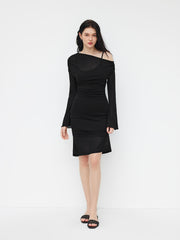 Two Pieces Asymmetrical Neck Lettuce Trim Bell Sleeve Maxi Dress With Cami Midi Dress