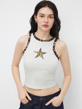 Cotton-blend Leopard Star Graphic Contrasting Binding Tank Top