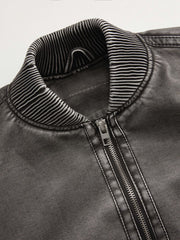 Faux Leather Stand Collar Zip Through Bomber Jacket