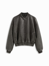 Faux Leather Stand Collar Zip Through Bomber Jacket