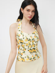 Halter Neckline Lemon Shirred Bowknot Tank Top