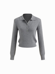 Knit Wool-blend Collar Button Top With Shoulder Pads