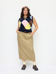 Cotton-blend Mid Rise Split Maxi Skirt With Belt Curve & Plus