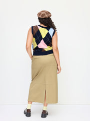 Cotton-blend Mid Rise Split Maxi Skirt With Belt Curve & Plus