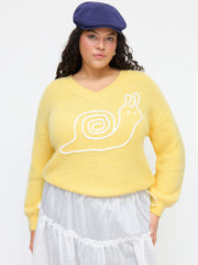 Knit V-neck Snail Graphic Long Sleeve Oversized Top Curve & Plus