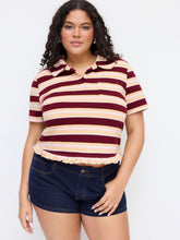 100% Cotton Peter Pan Collar Striped Lettuce Trim Short Sleeve Tee Curve & Plus