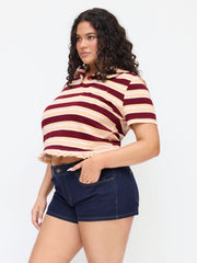 100% Cotton Peter Pan Collar Striped Lettuce Trim Short Sleeve Tee Curve & Plus