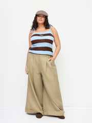 Cotton-blend Low Rise Pleated Roll Hem Wide Leg Trousers Curve & Plus