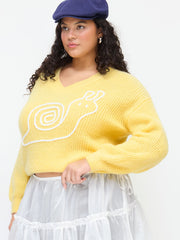 Knit V-neck Snail Graphic Long Sleeve Oversized Top Curve & Plus