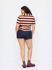 100% Cotton Peter Pan Collar Striped Lettuce Trim Short Sleeve Tee Curve & Plus