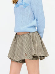 100% Cotton Low Rise Check Snail Embroidery Mini Skort