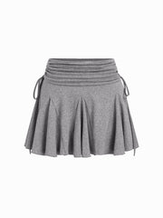 Mid Rise Ruched Drawstring Knotted Ruffle Mini Skort