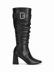SQUARE TOE PLEATED CHUNKY HEELED KNEE HIGH BOOTS