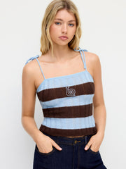 Knit Stripe Snail Embroidery Knotted Cami Top
