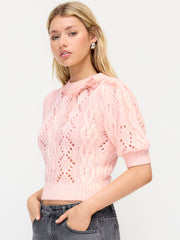 Cable Knit Round Neckline Hollow Out Bowknot Short Sleeve Top