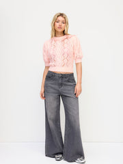Cable Knit Round Neckline Hollow Out Bowknot Short Sleeve Top