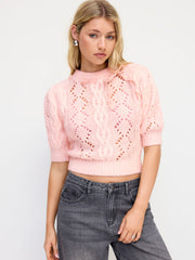 Cable Knit Round Neckline Hollow Out Bowknot Short Sleeve Top