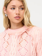 Cable Knit Round Neckline Hollow Out Bowknot Short Sleeve Top