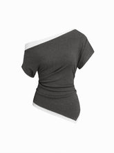 Asymmetrical Neck Two Tone Ruched Short Sleeve Top