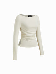 Cotton-blend Boat Neck Ruched Side Split Tee