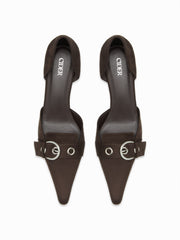 POINTED-TOE FAUX SUEDE BUCKLE HEELS