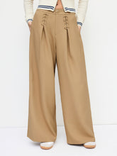 Wrinkle-free Fabric Mid Rise Elastic Waist Lace Up Wide Leg Trousers