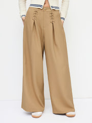 Wrinkle-free Fabric Mid Rise Elastic Waist Lace Up Wide Leg Trousers
