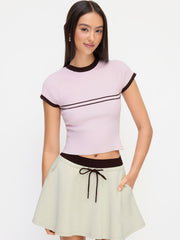 Knit Round Neckline Short Sleeve Contrasting Binding Top