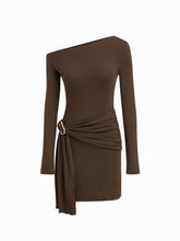 Asymmetrical Neck Long Sleeve Metal Detail Draped Mini Dress