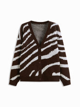 Knit Zebra Striped V-neck Long Sleeve Button Oversized Cardigan