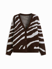 Knit Zebra Striped V-neck Long Sleeve Button Oversized Cardigan