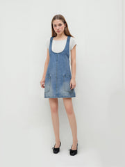 Denim U-neckline Pinafore Smock Mini Dress