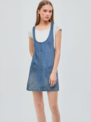 Denim U-neckline Pinafore Smock Mini Dress