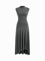 High Neck Asymmetrical Hem Midi Dress