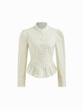 100% Cotton Stand Collar Ditsy Floral Peplum Long Sleeve Blouse